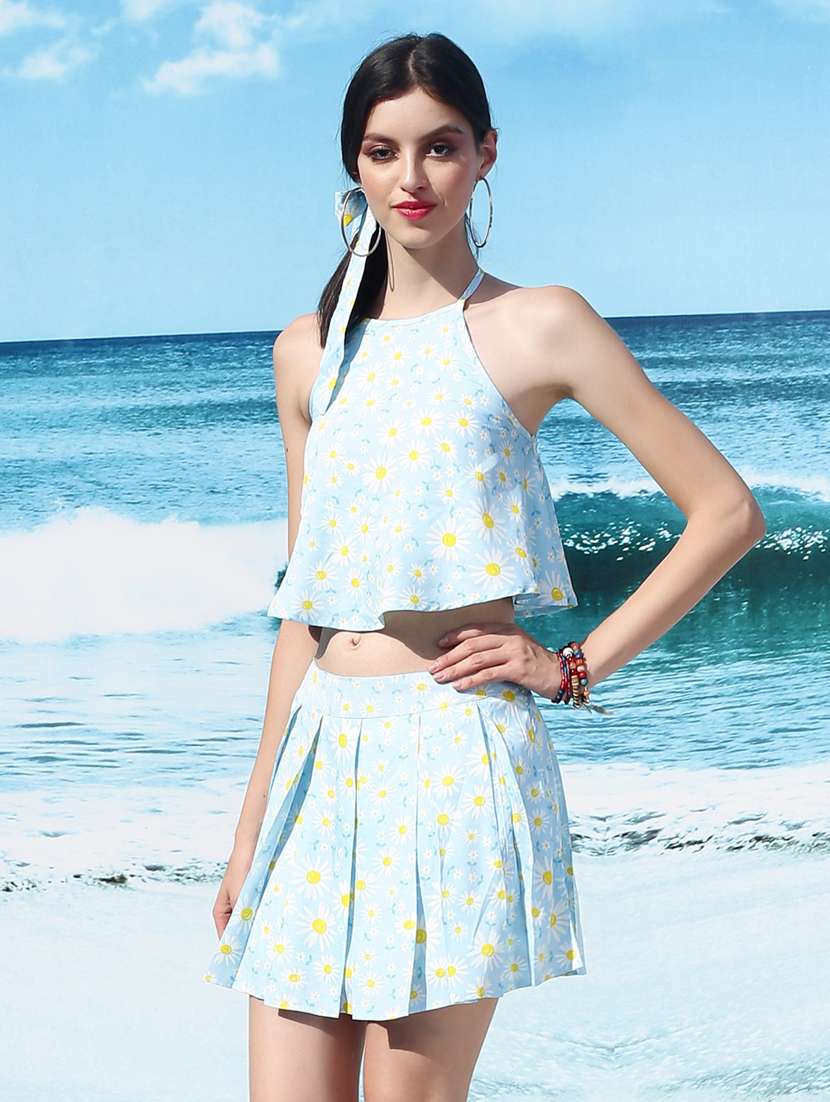 blue printed top and skirt co-ord set