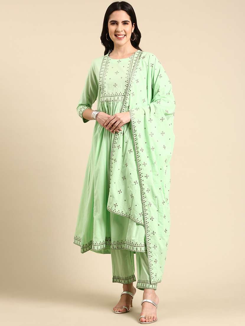 women mirror work kurta pant set with dupatta