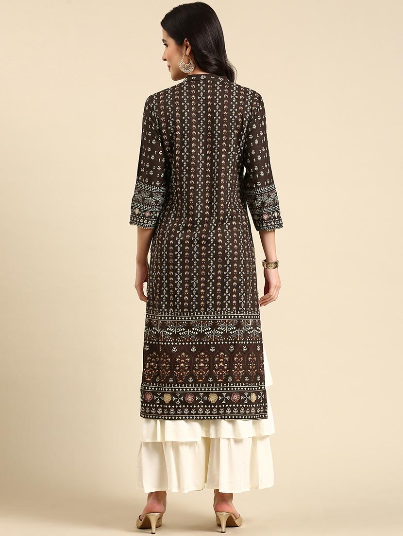 women brown printed mandarin neck kurta palazzo set - 19631388 - Standard Image - 2