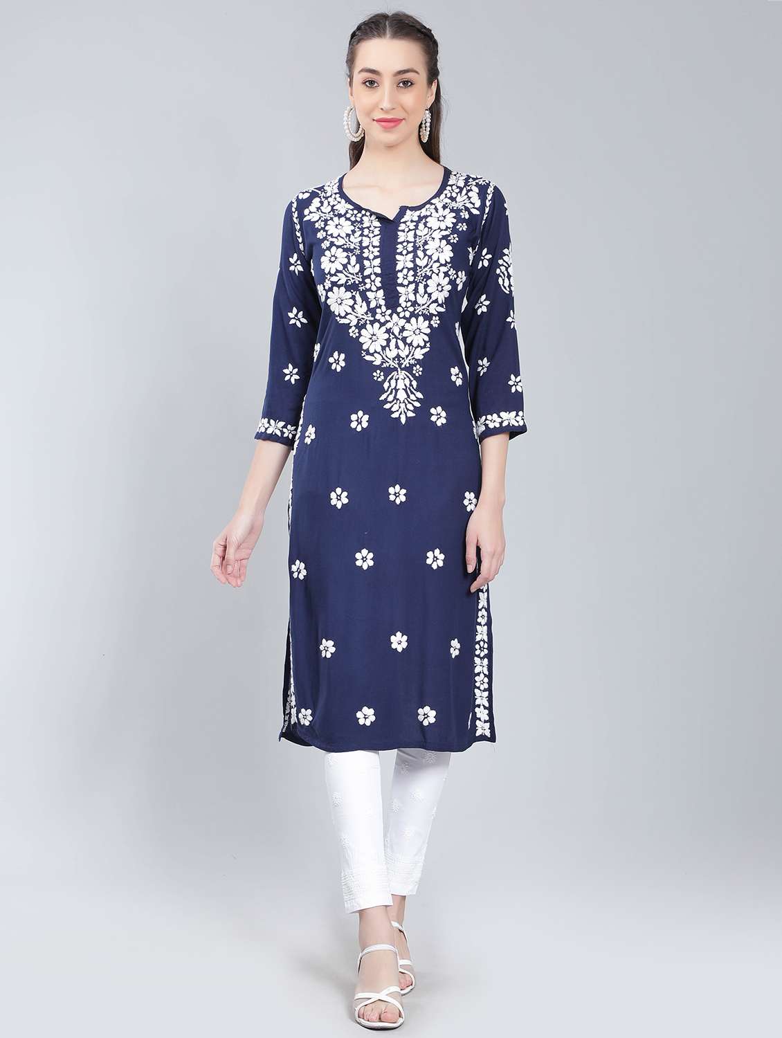 navy blue rayon chikankari straight kurta