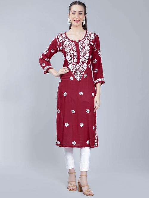 maroon rayon chikankari straight kurta - 19631869 -  Standard Image - 0