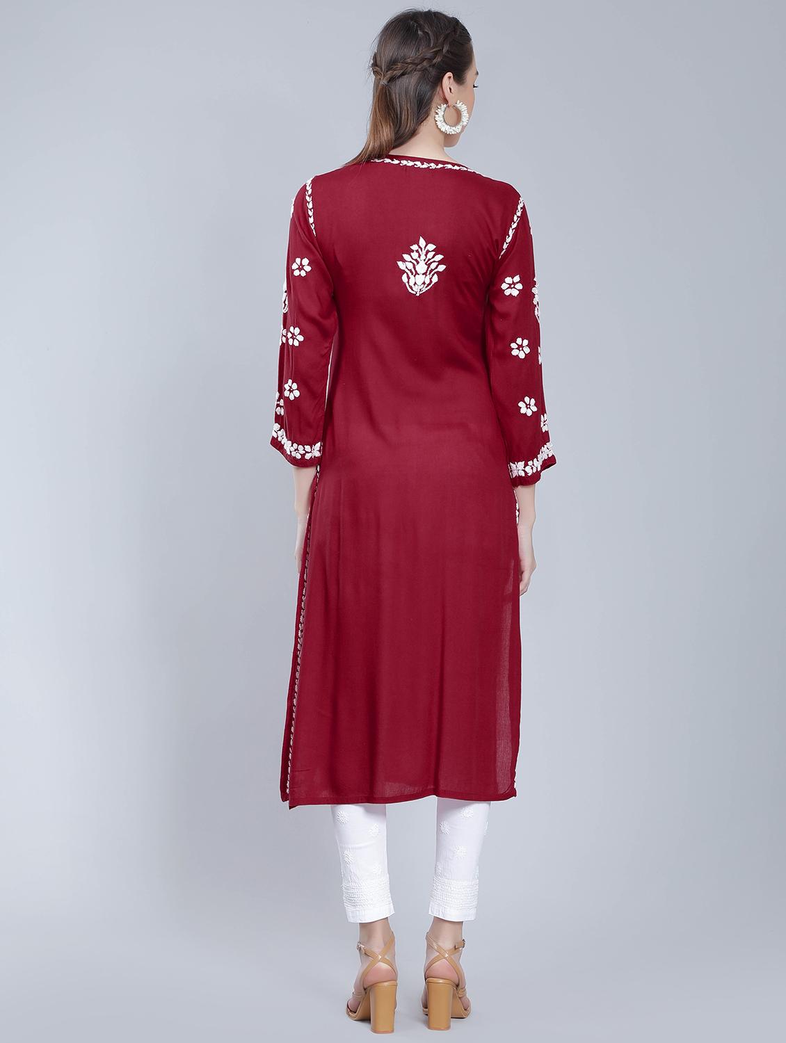 maroon rayon chikankari straight kurta - 19631869 - Standard Image - 2
