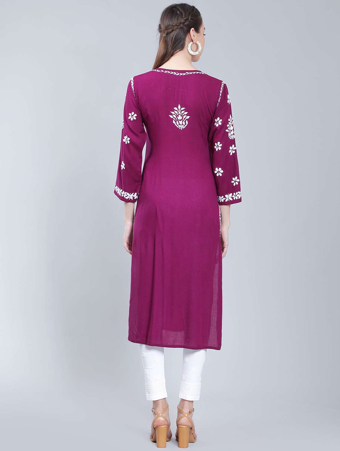 purple rayon chikankari straight kurta - 19631873 - Standard Image - 2