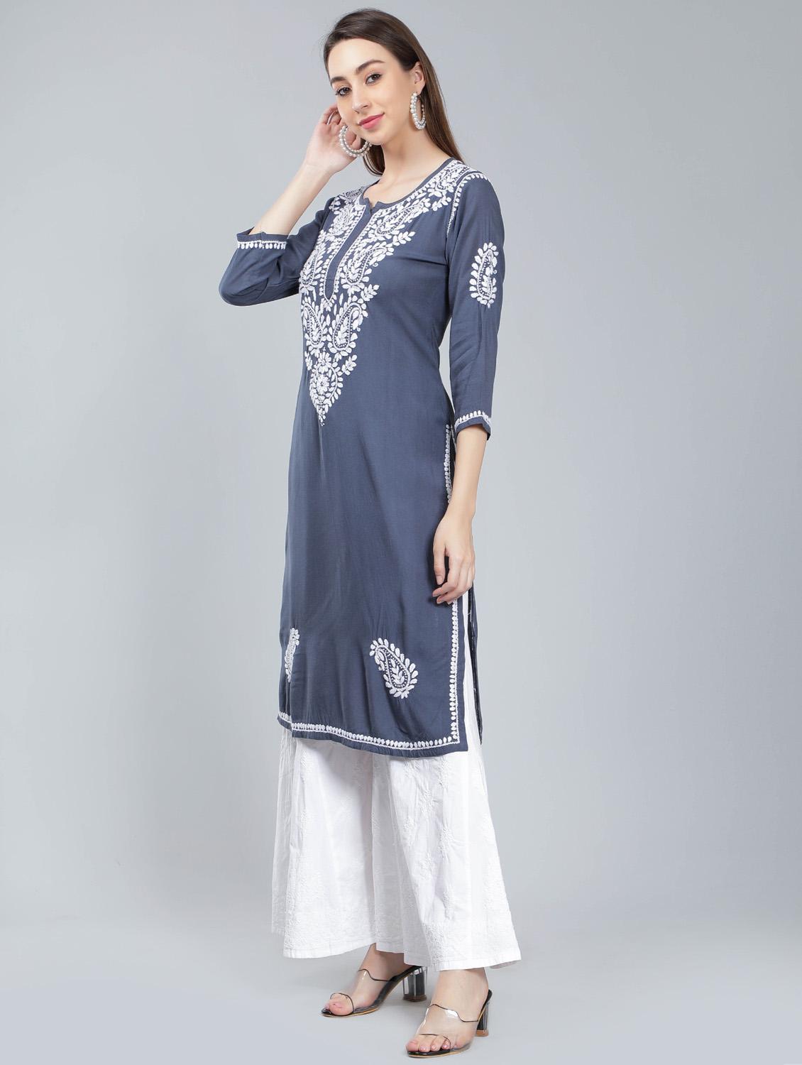 grey chikankari straight kurta - 19631897 - Standard Image - 2