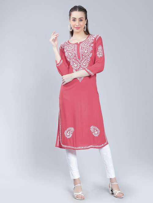 notch neck chikankari straight kurta - 19631900 - Standard Image - 0