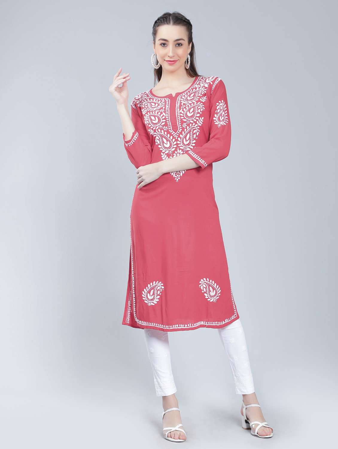 notch neck chikankari straight kurta - 19631900 - Zoom Image - 0