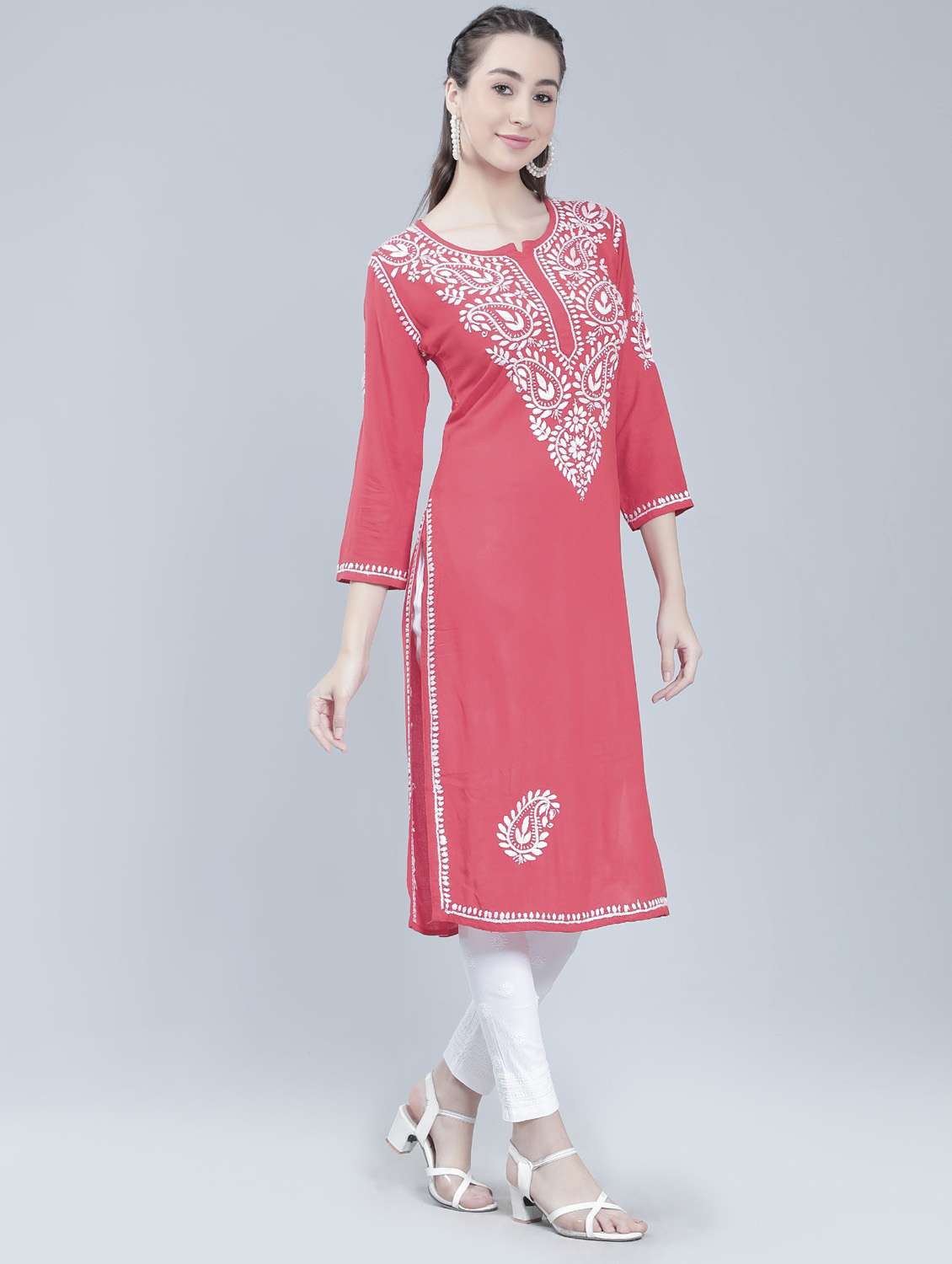 notch neck chikankari straight kurta - 19631900 - Standard Image - 2