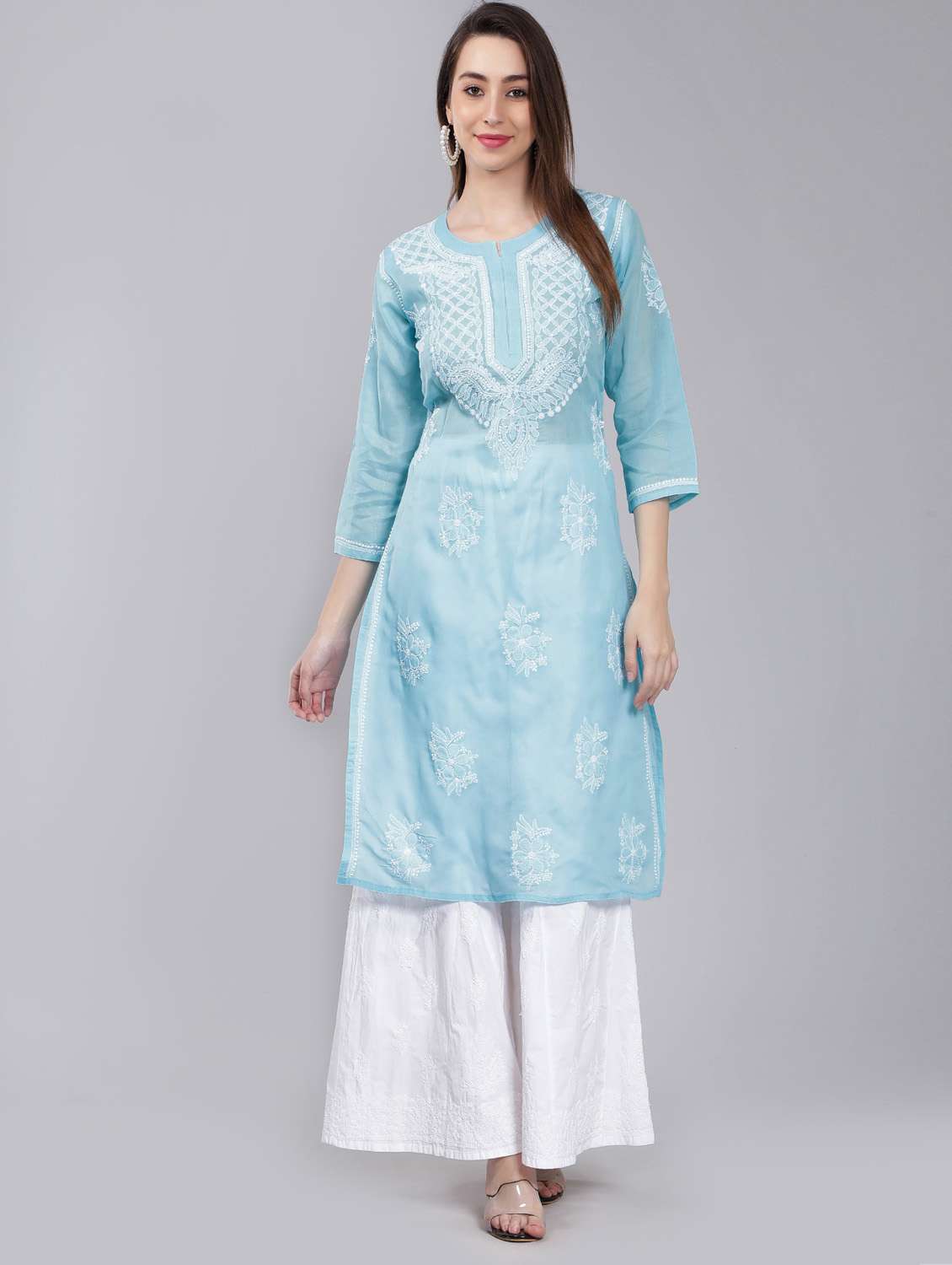 blue chikankari straight kurta