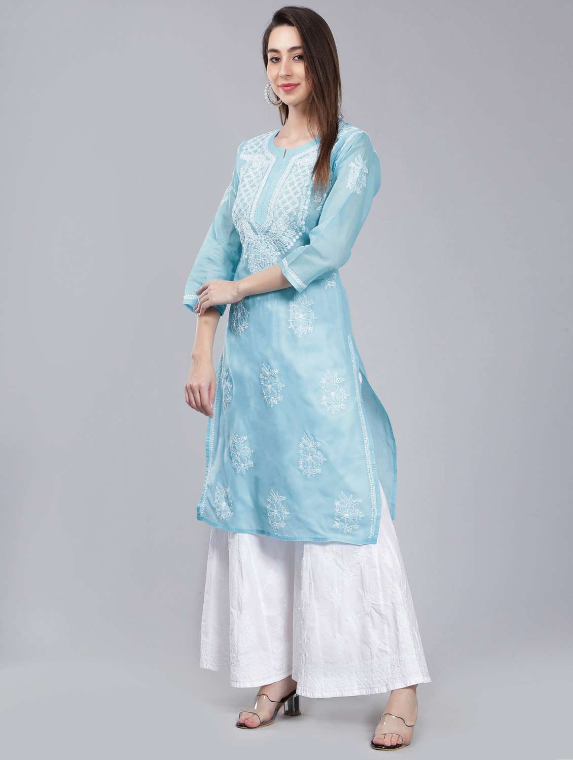 blue chikankari straight kurta - 19631909 - Standard Image - 2