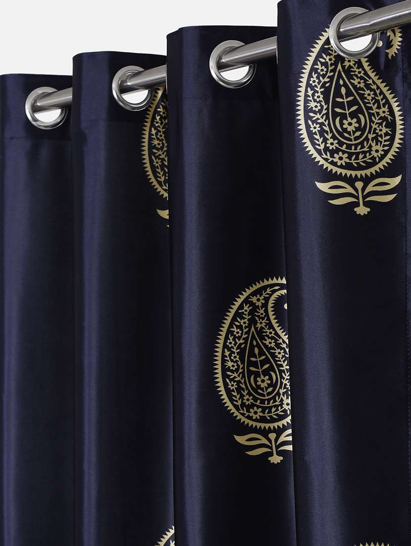 home sizzler 2 pieces hand block gold paisley printed eyelet polyester door curtains-7 feet, blue - 19643296 - Standard Image - 2
