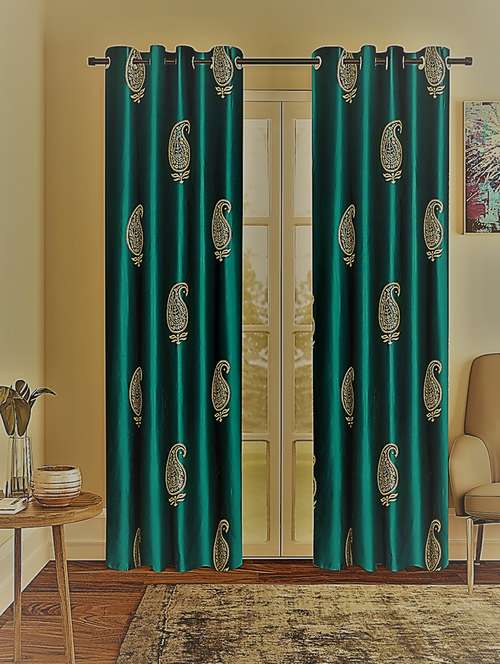 home sizzler 2 pieces hand block gold paisley printed eyelet polyester door curtains-7 feet, turquoise green - 19643297 -  Standard Image - 0