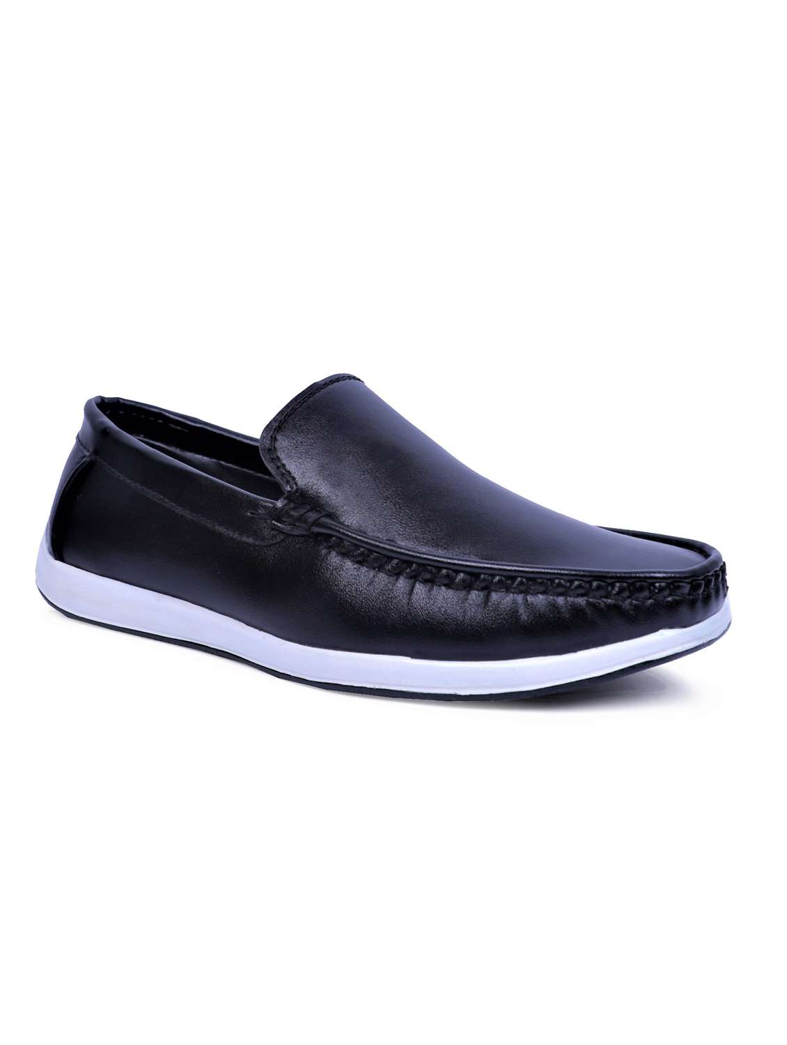 black artificial leather slip on loafers
