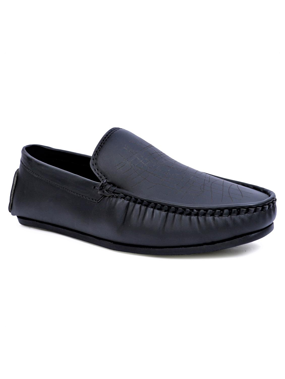 black artificial leather slip on loafers