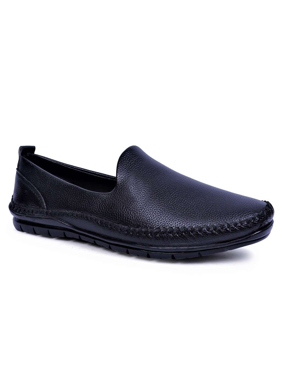 black artificial leather slip on loafers