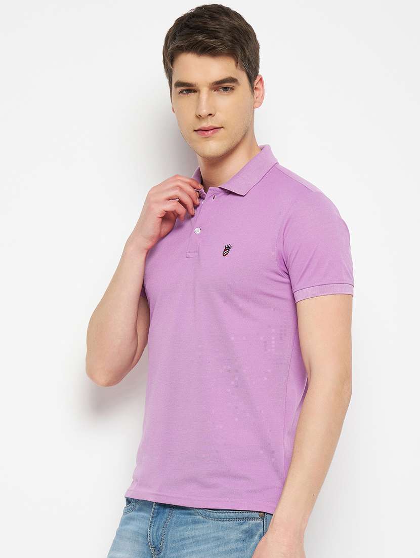 men lavender solid regular fit polo t-shirt