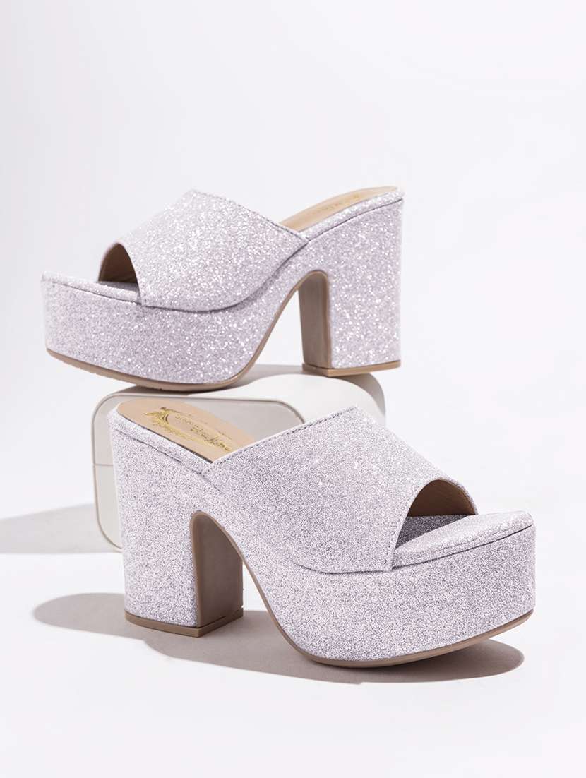 silver slip on block heels