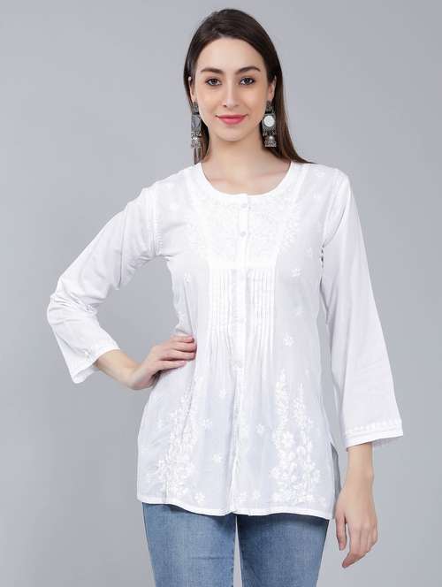 white chikankari straight short kurti - 19646565 - Standard Image - 0