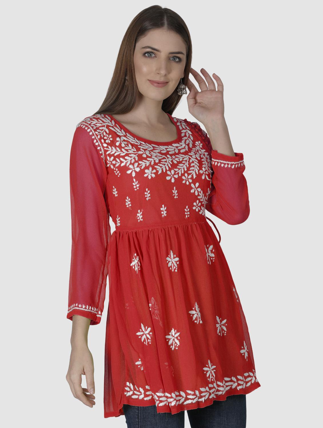 red round neck chikankari georgette short kurti - 19646567 - Standard Image - 2