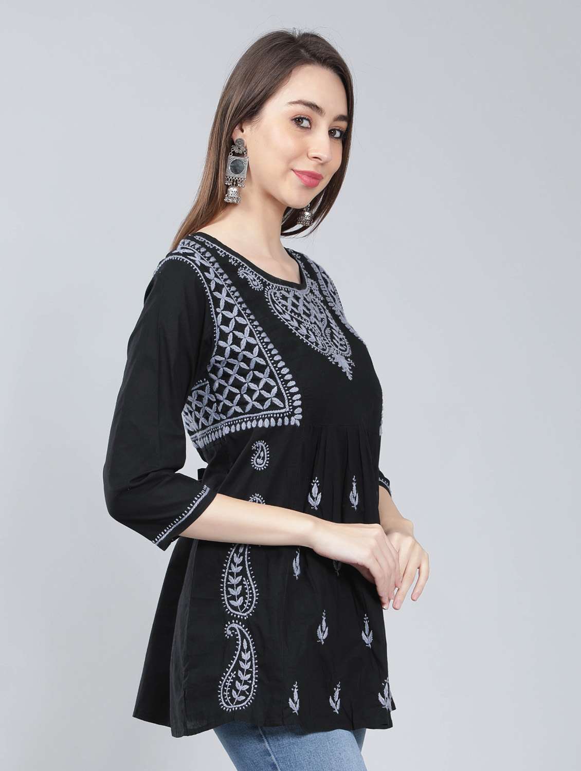 round neck chikankari cotton short kurti - 19647164 -  Standard Image - 2