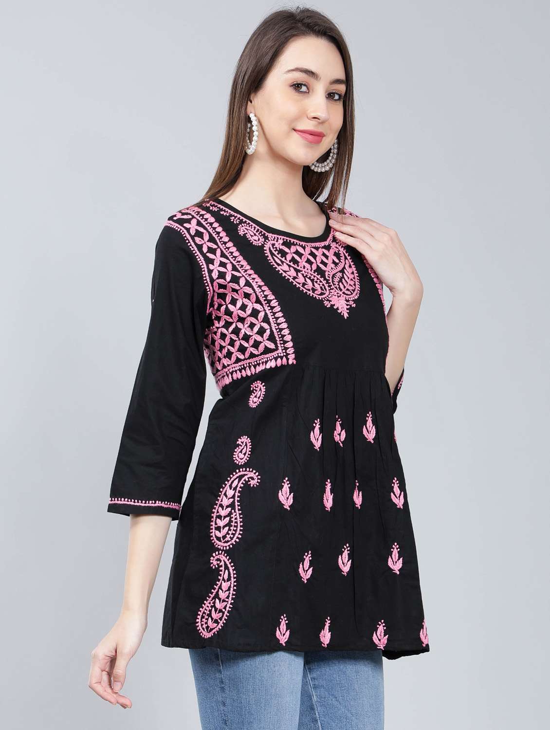 round neck chikankari cotton short kurti - 19647168 -  Standard Image - 2