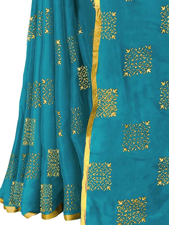 women's foil print turquoise colored saree with blouse - 19648705 -  Standard Image - 2