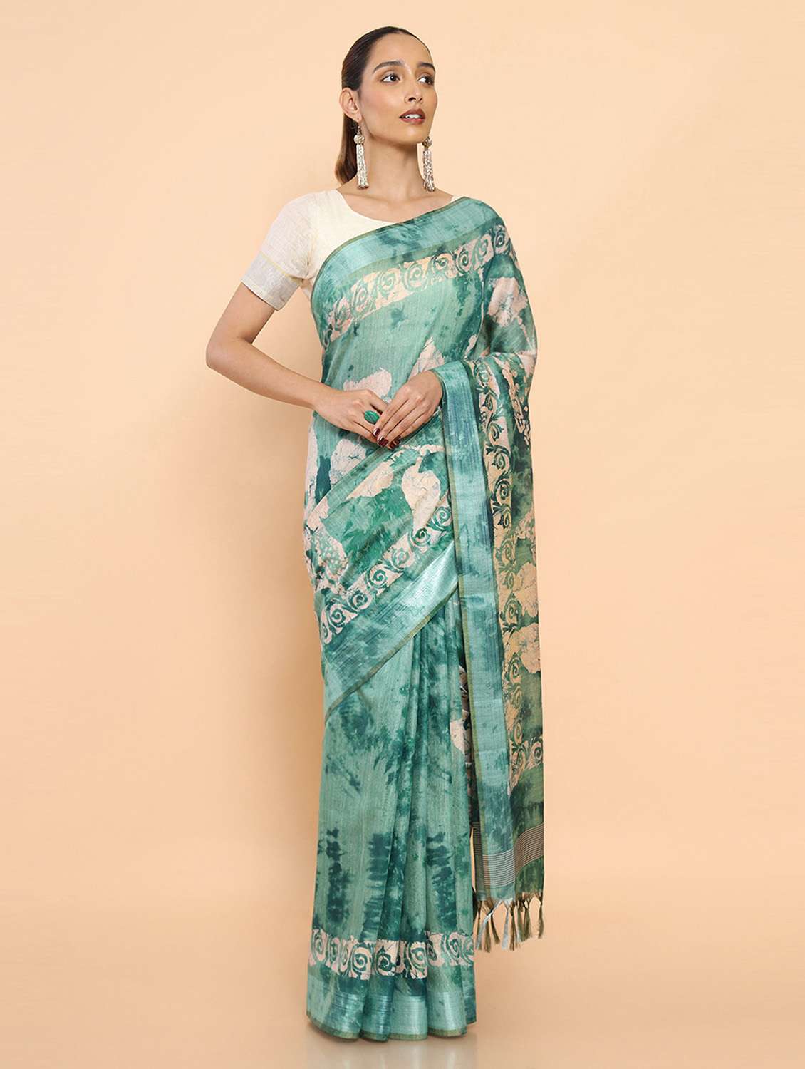 women's printed mint colored saree with blouse
