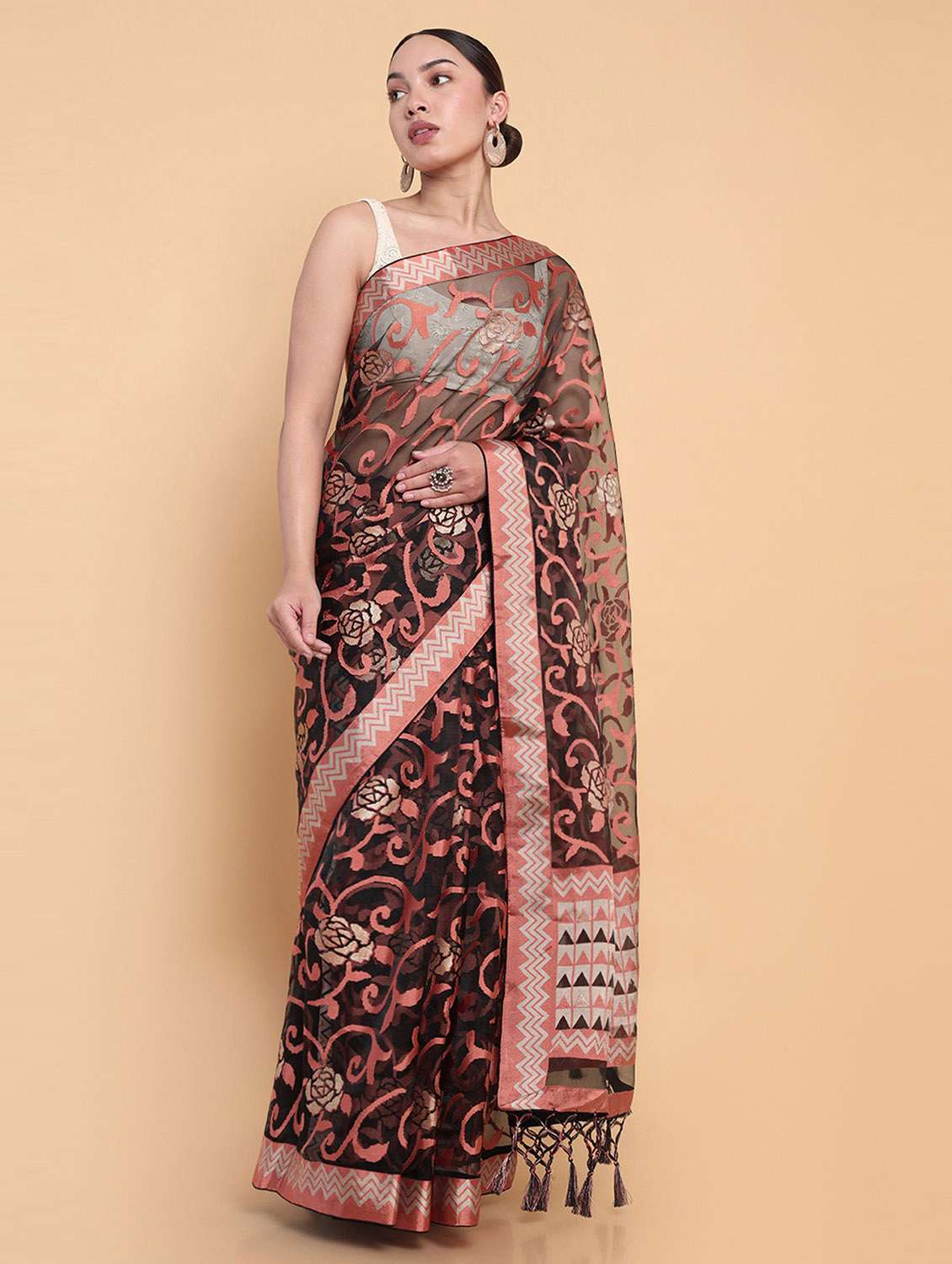 women's floral black colored saree