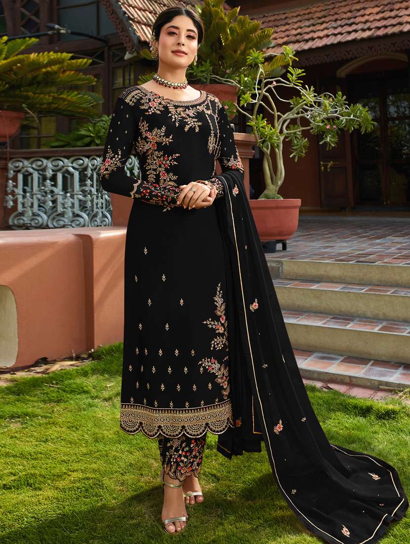 black embroidered semi-stitched suit set