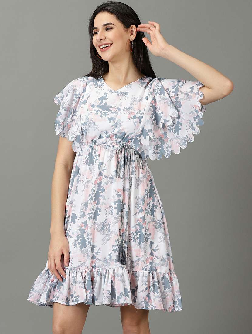 v neck printed drop waist dress