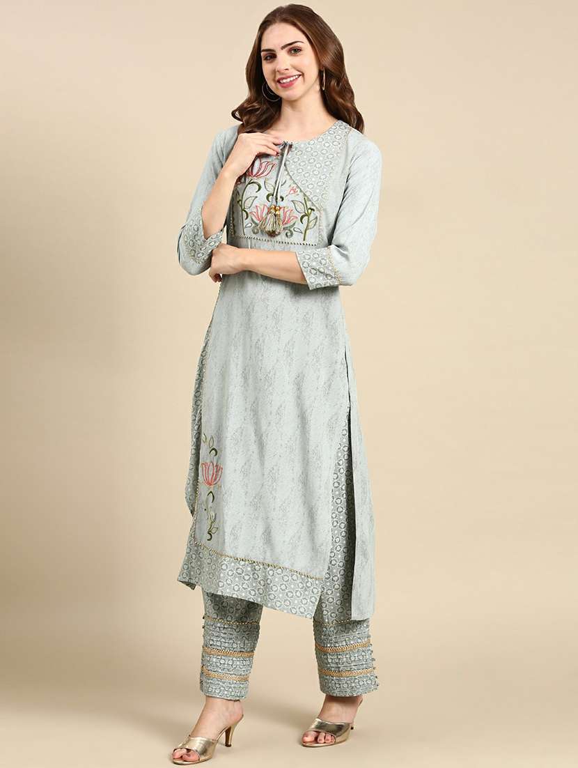 women grey self design kurta pant set with dupatta - 19664934 - Standard Image - 2