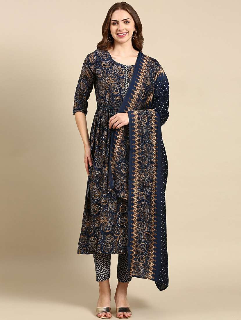 women navy blue printed kurta pant set with dupatta