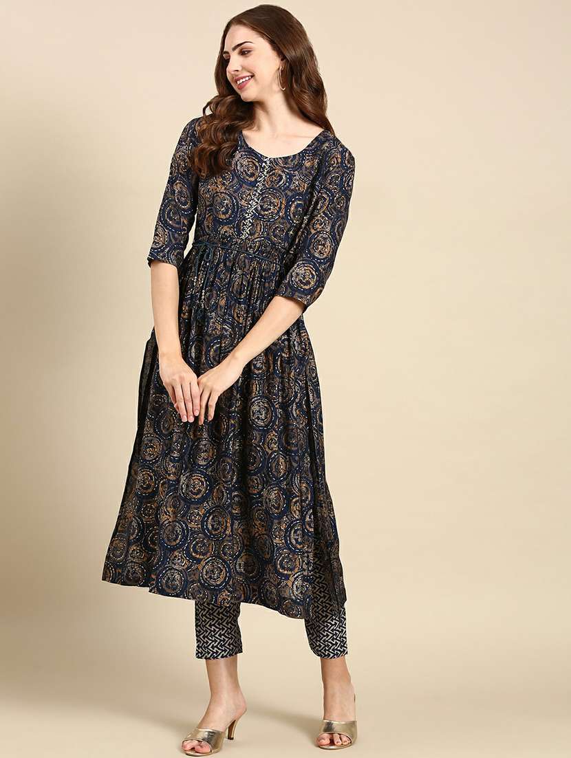 women navy blue printed kurta pant set with dupatta - 19664949 -  Standard Image - 2