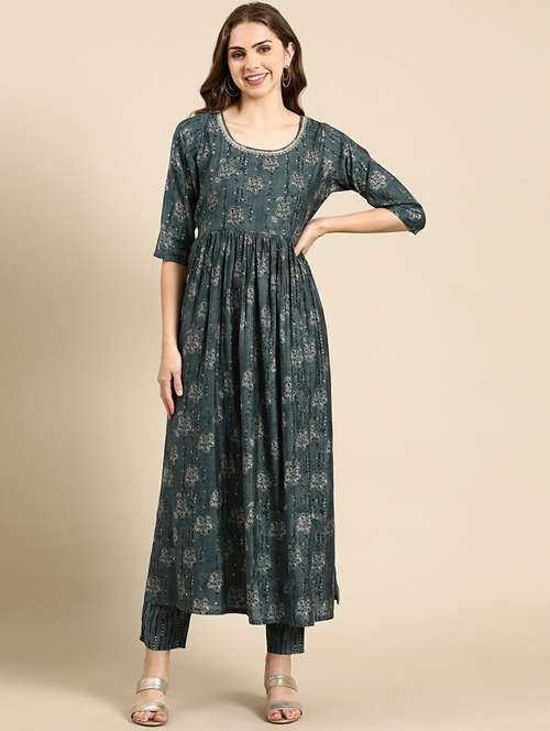 women printed round neck kurta pant set - 19664962 -  Standard Image - 0