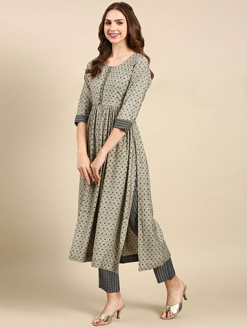 women grey printed round neck kurta pant set - 19664965 - Standard Image - 2