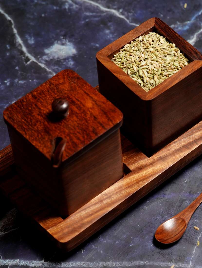 set of 2 square decorative wooden jars 