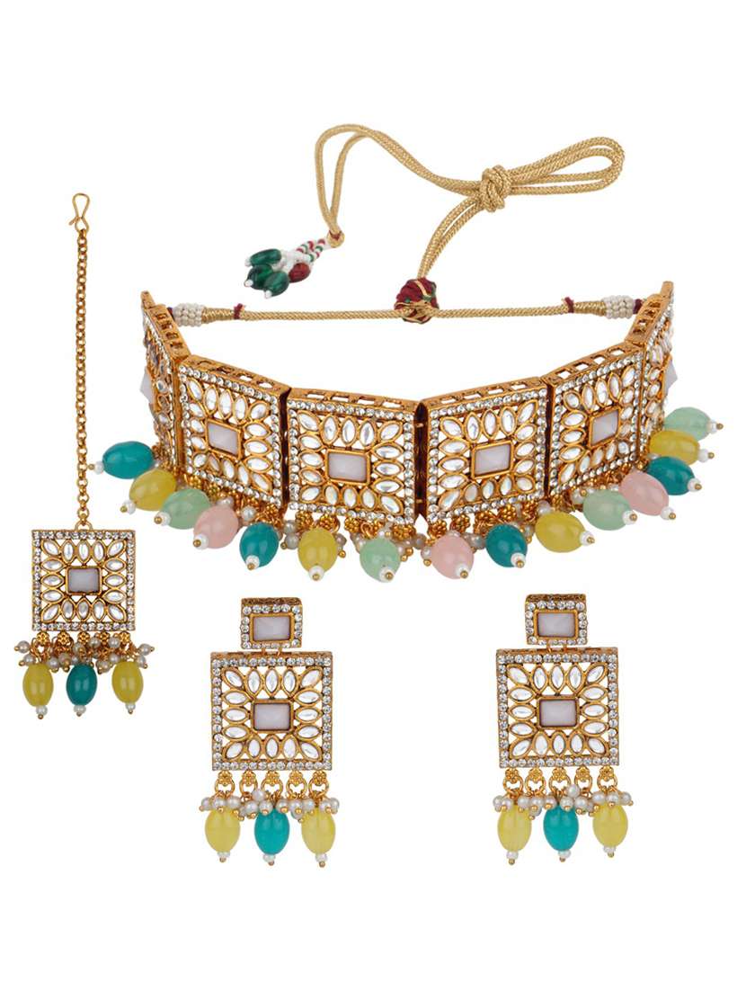 matushri art indian traditional necklace with earrings and maang tikka