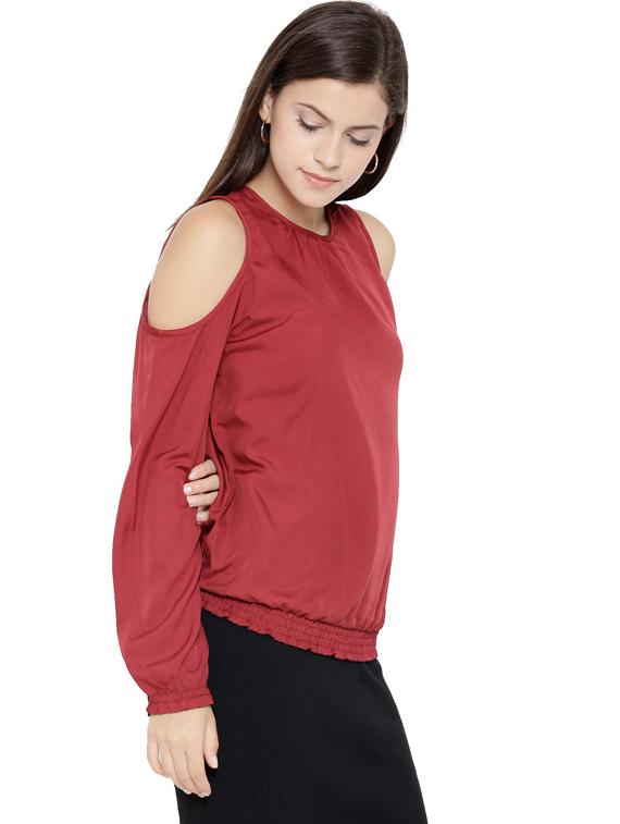 women round neck cold shoulder solid top - 19669138 - Standard Image - 2