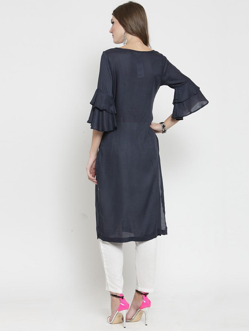 women navy blue round neck kurta pant set - 19670359 - Standard Image - 2