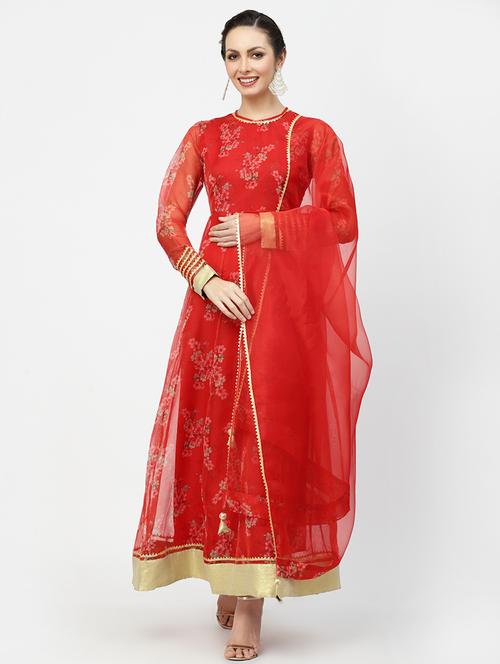 floral printed red kurta dupatta set - 19671233 -  Standard Image - 0