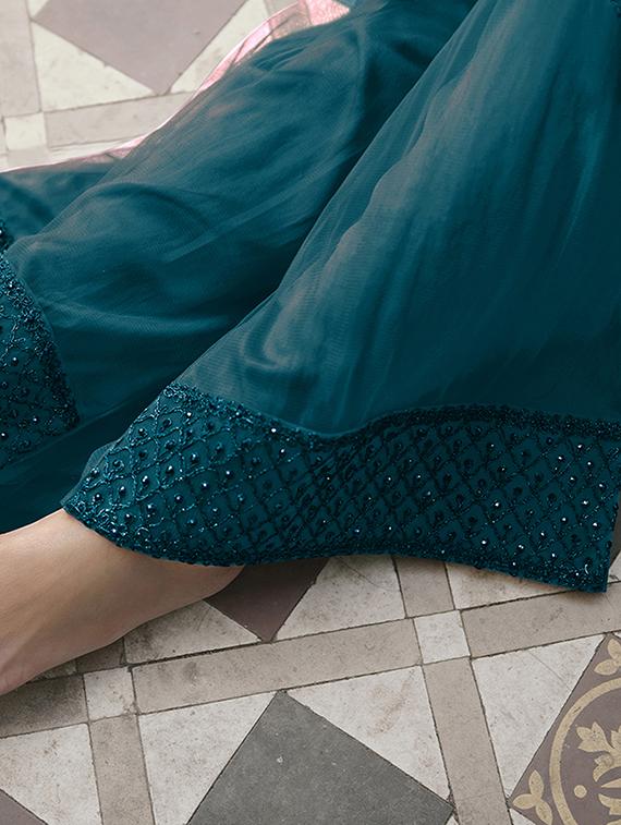 teal embroidered semi-stitched palazzo suit - 19684845 - Standard Image - 2