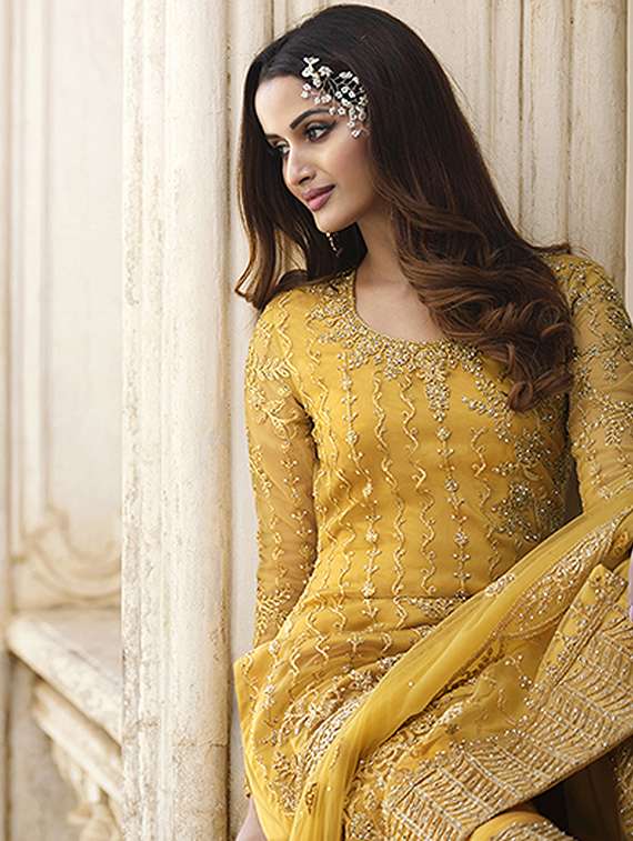 yellow embroidered semi-stitched palazzo suit - 19684846 - Standard Image - 2
