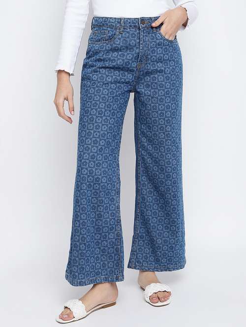 women's laser print wide leg jeans - 19684867 - Standard Image - 0