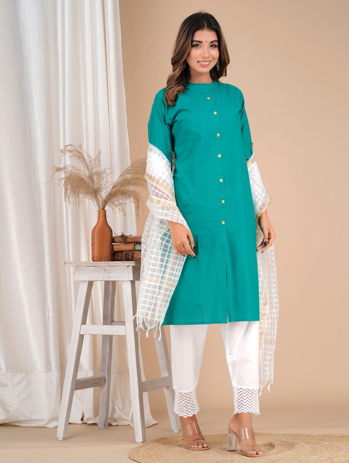 teal cotton solid kurta dupatta set - 19685648 - Standard Image - 2