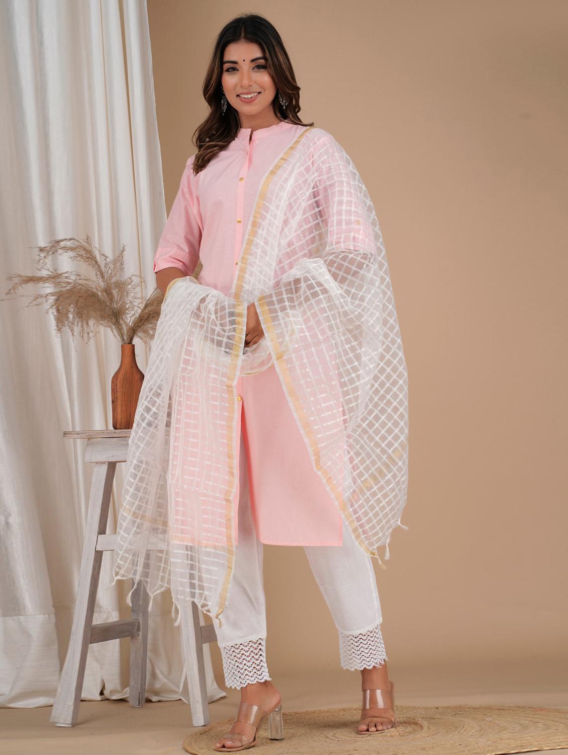 pink cotton solid kurta pant dupatta set - 19685653 - Standard Image - 2
