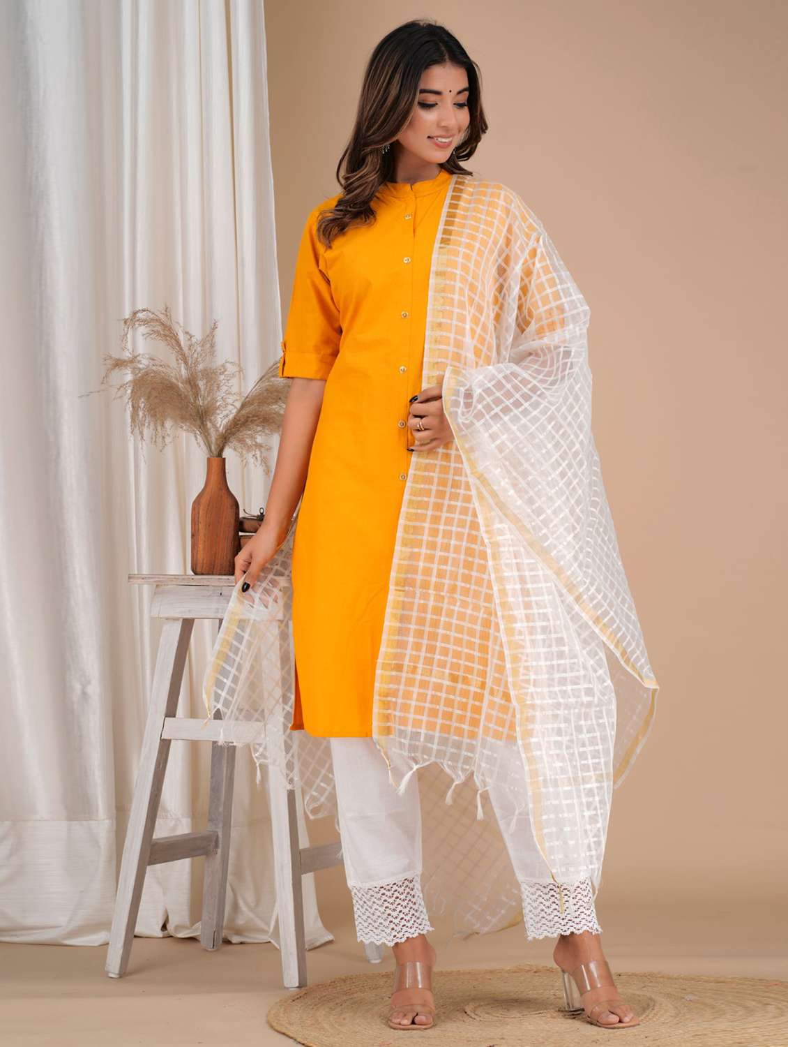 yellow cotton solid kurta dupatta set - 19685655 - Standard Image - 2