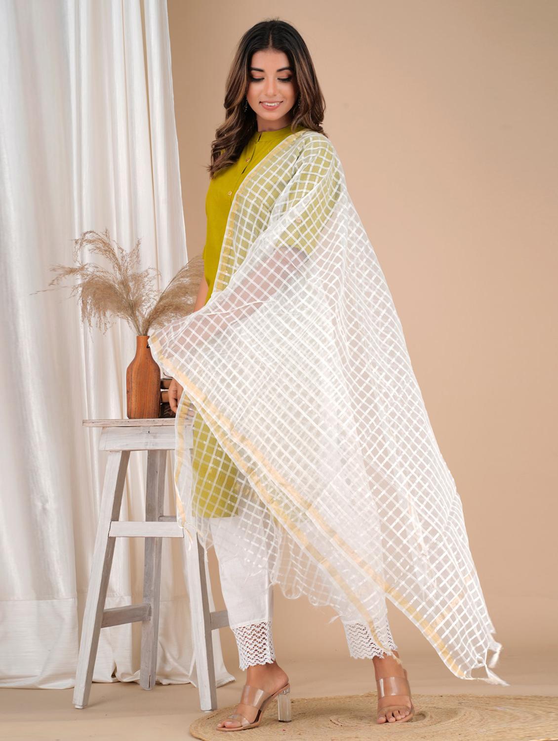 green cotton solid kurta dupatta set - 19685656 - Standard Image - 2