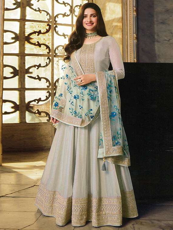 grey embroidered semi-stitched churidaar suits