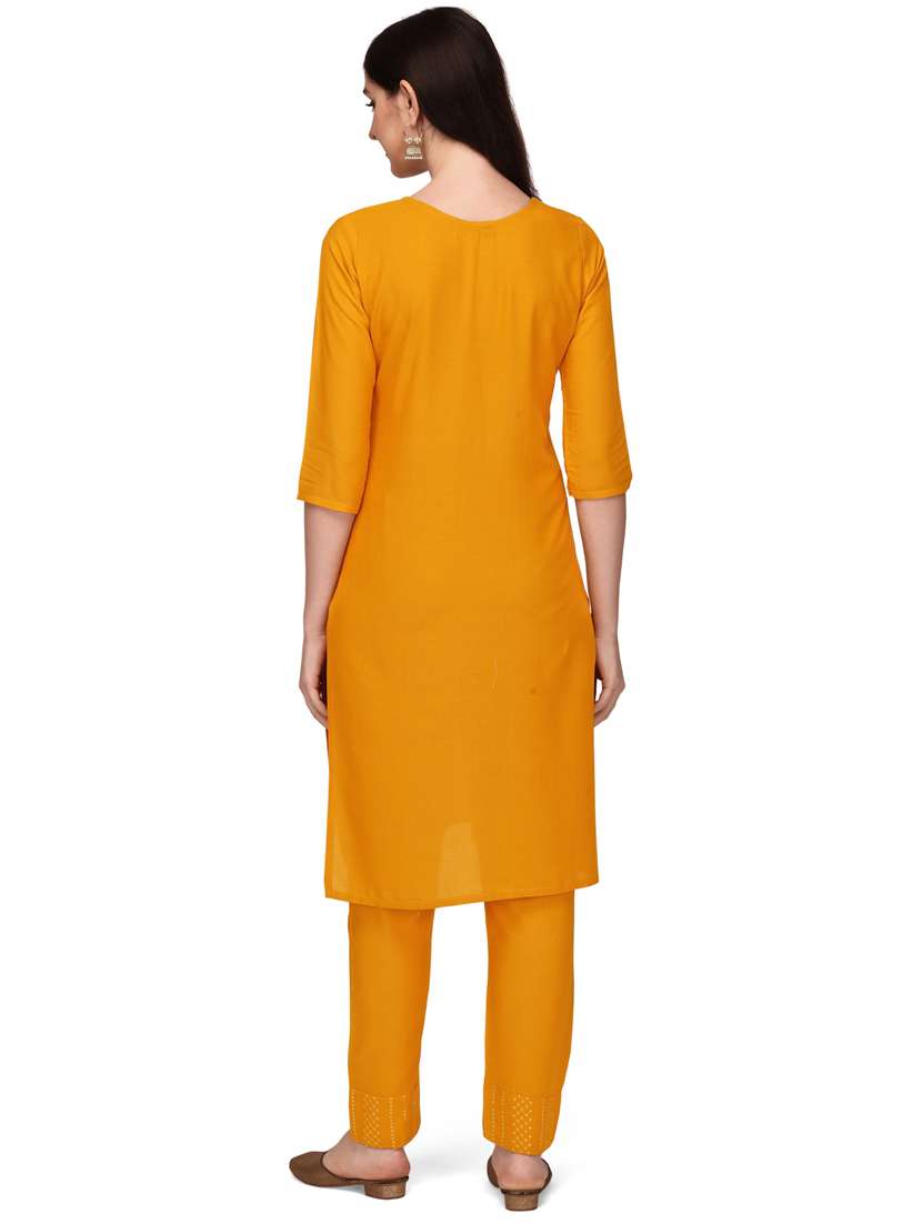 yellow self design embroidered kurta pant set - 19690420 - Standard Image - 2