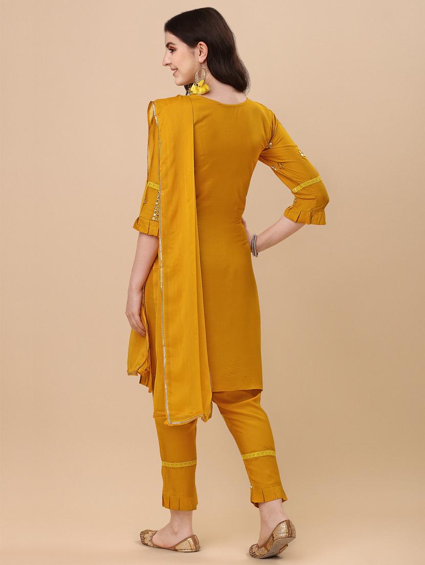 yellow self design embroidered suit set - 19690425 - Standard Image - 2