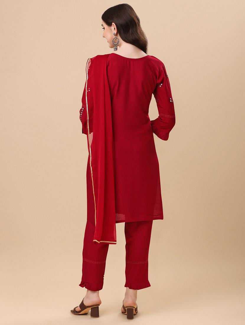red self design embroidered suit set - 19690430 - Standard Image - 2